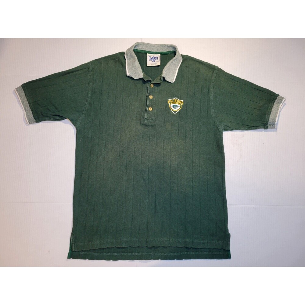 Vintage Lee Sports Green Bay Packers Ringer Polo Green Ribbed Embroidered Mens L